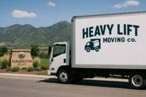 Heavy Lift Moving Co. moving truck in Farmington, Utah with city location marker, showcasing local moving services.