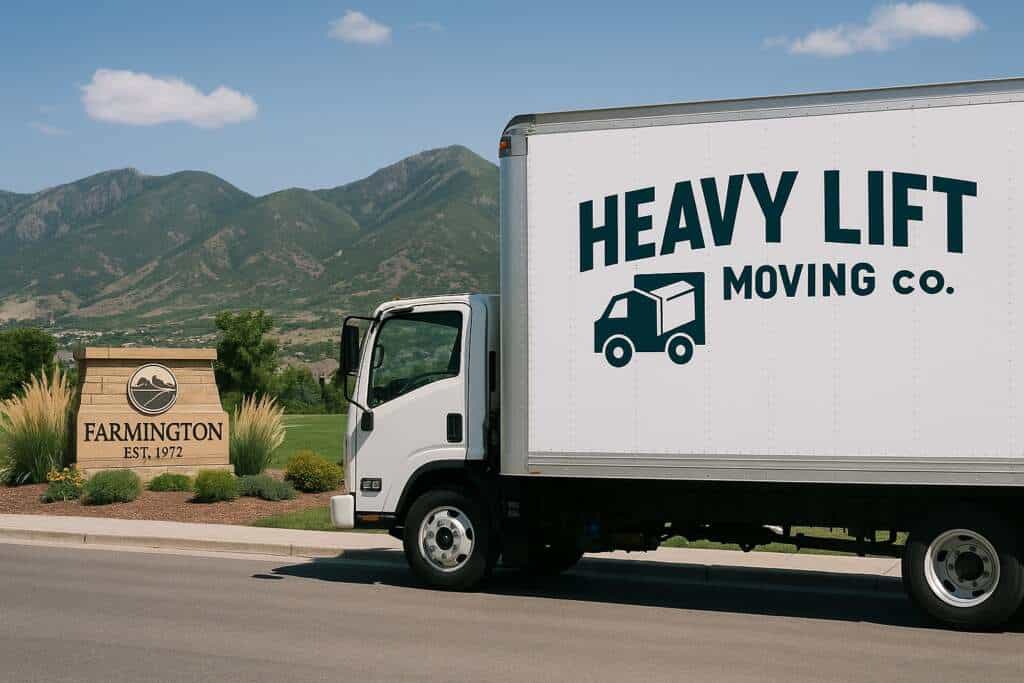 Heavy Lift Moving Co. moving truck in Farmington, Utah with city location marker, showcasing local moving services.