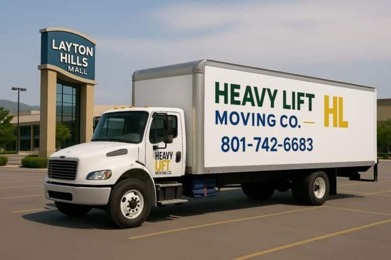 Heavy Lift Moving Co. moving truck parked at Layton Hills Mall in Layton, Utah, showing the yellow HL logo and phone number 801-919-4831.