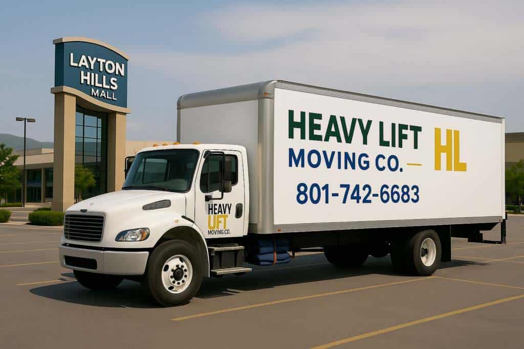 Heavy Lift Moving Co. moving truck parked at Layton Hills Mall in Layton, Utah, showing the yellow HL logo and phone number 801-919-4831.