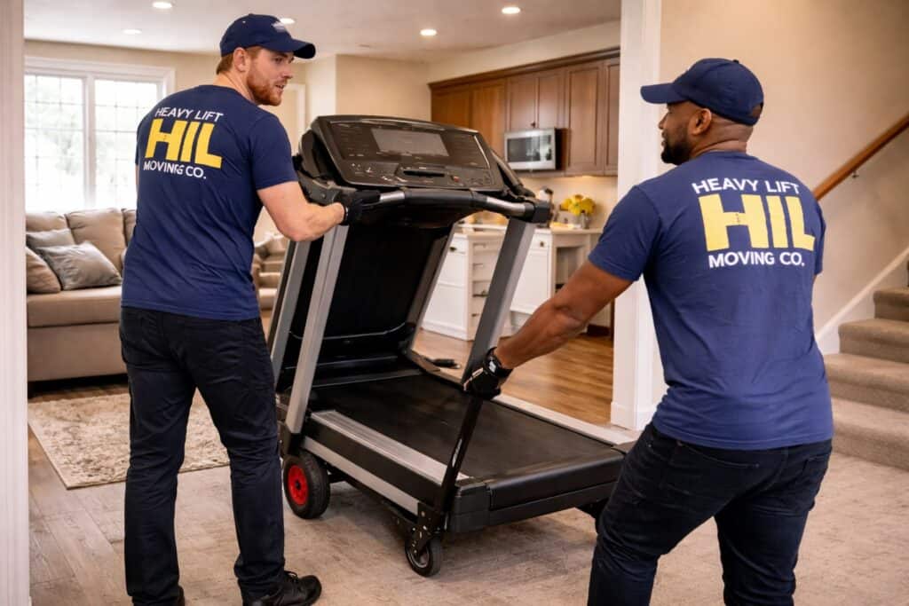 Treadmill movers in Salt Lake City carrying a treadmill safely inside a home