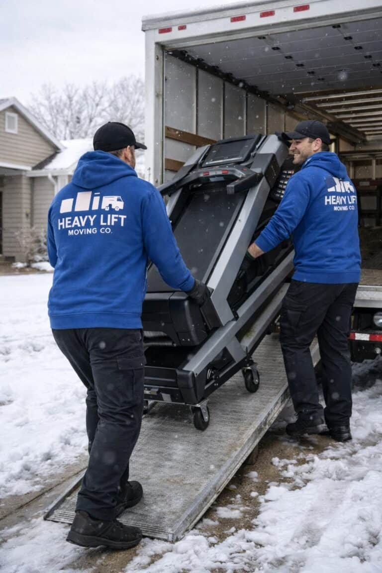 Two Heavy Lift Moving Co movers loading a treadmill into a moving truck during a winter move in Utah.