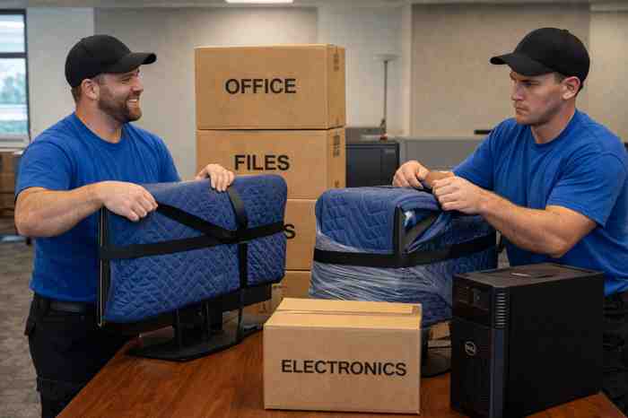 Office movers in Salt Lake City wrapping computer monitors and electronics for safe transport