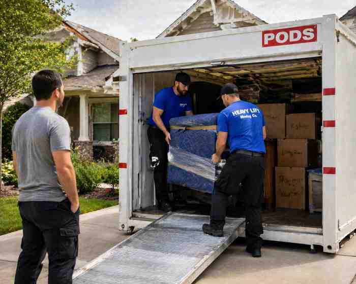 PODS movers in Salt Lake City loading furniture and boxes into storage container